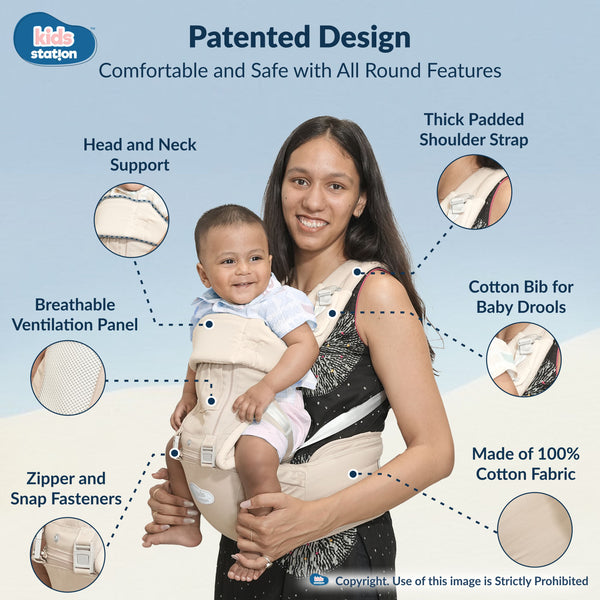 Kids Station All-in-One Baby Carrier with Hip Seat – 9 Carrying Positions, 100% Cotton, Ventilation Window