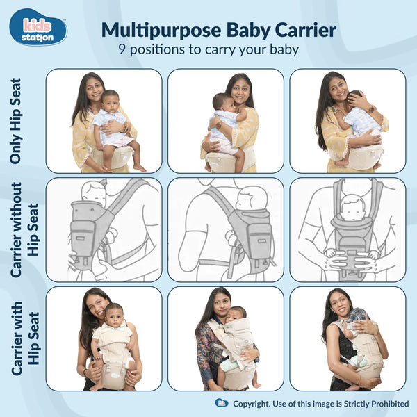 Kids Station All-in-One Baby Carrier with Hip Seat – 9 Carrying Positions, 100% Cotton, Ventilation Window