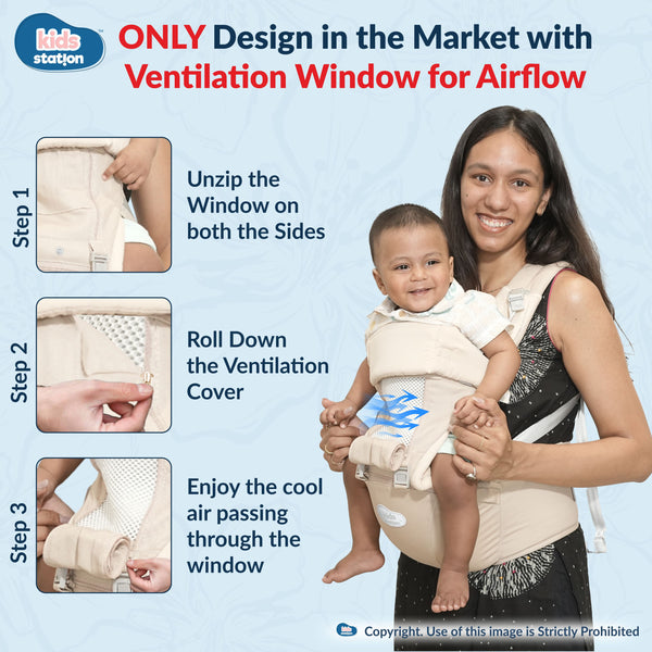 Kids Station All-in-One Baby Carrier with Hip Seat – 9 Carrying Positions, 100% Cotton, Ventilation Window