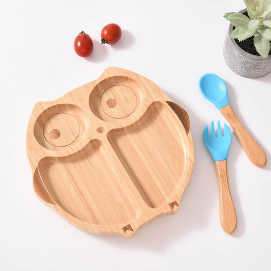 Kids Station Owl Wooden Plate with Spoon & Fork