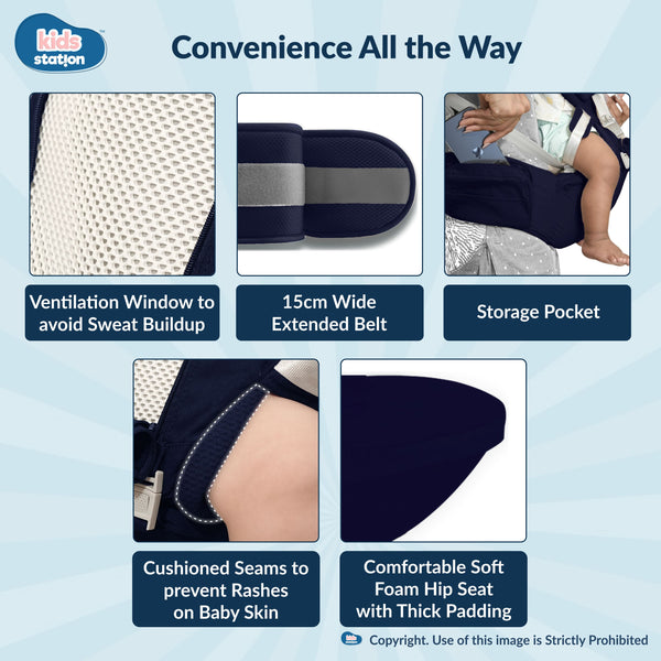 Kids Station All-in-One Baby Carrier with Hip Seat – 9 Carrying Positions, 100% Cotton, Ventilation Window