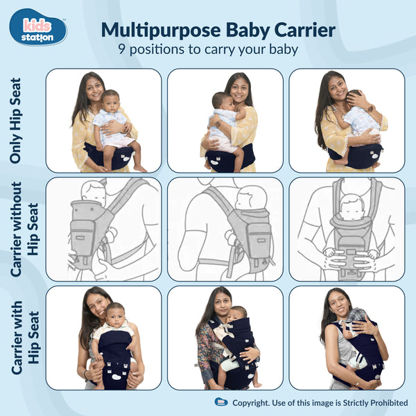 Kids Station All-in-One Baby Carrier with Hip Seat – 9 Carrying Positions, 100% Cotton, Ventilation Window