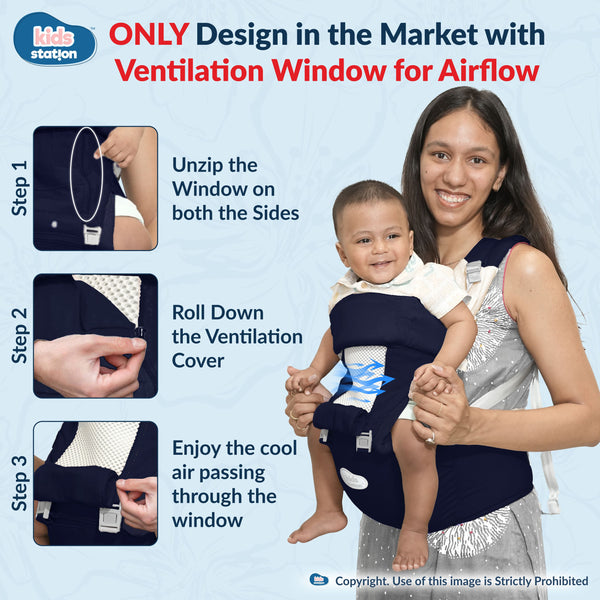 Kids Station All-in-One Baby Carrier with Hip Seat – 9 Carrying Positions, 100% Cotton, Ventilation Window