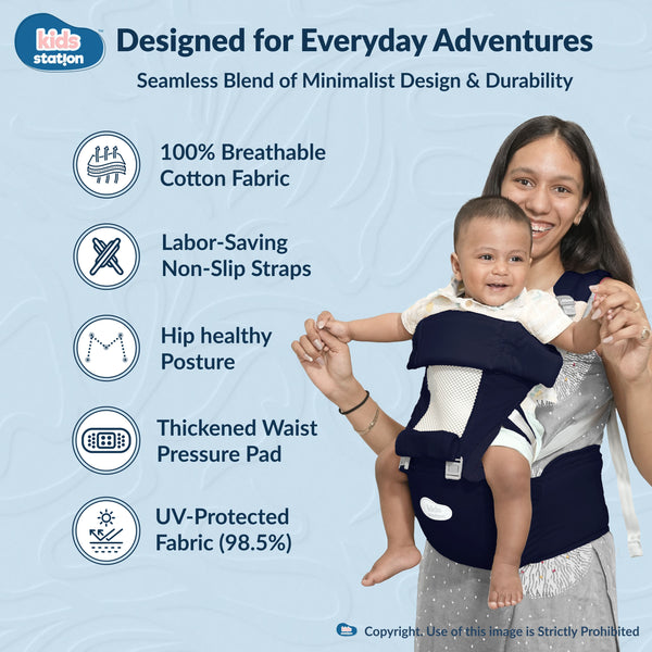 Kids Station All-in-One Baby Carrier with Hip Seat – 9 Carrying Positions, 100% Cotton, Ventilation Window