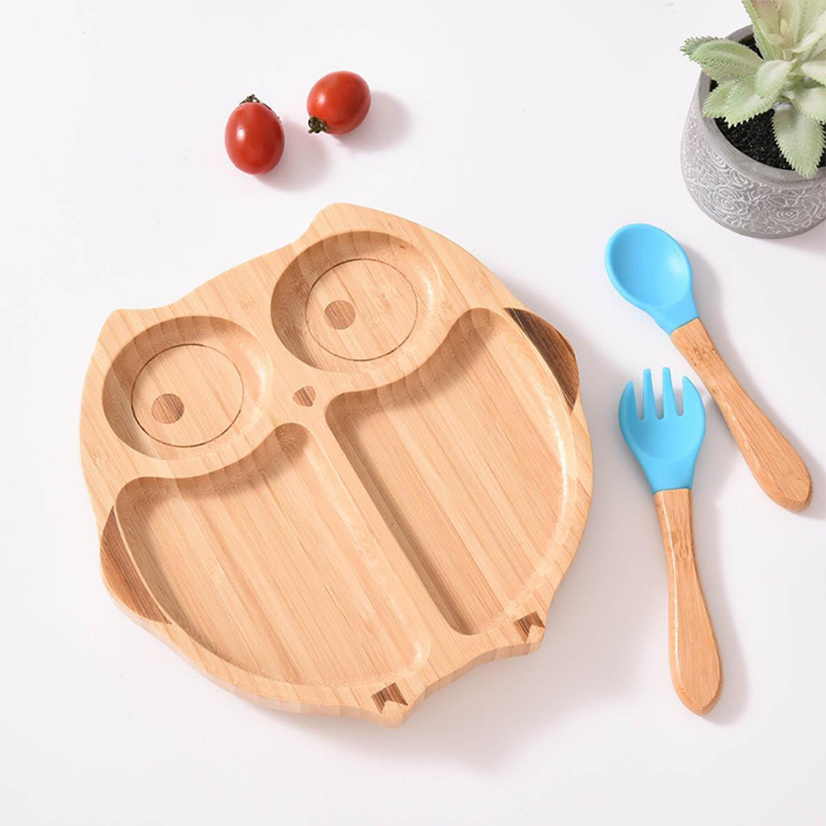 Kids Station Owl Wooden Plate with Spoon & Fork