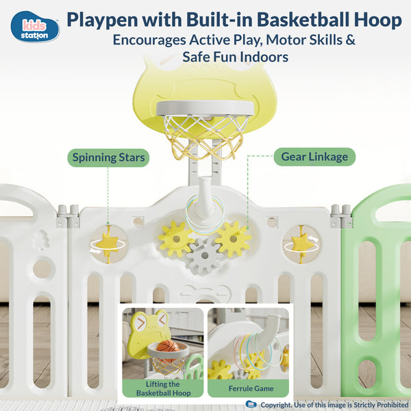 Kids Station Play Yard with Playmat, 20 Balls & Basketball Hoop (Frog Series)
