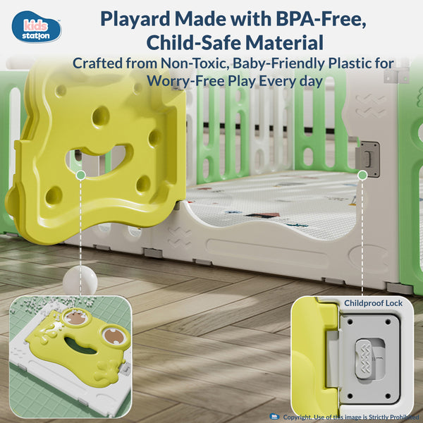 Kids Station Play Yard with Playmat, 20 Balls & Basketball Hoop (Frog Series)