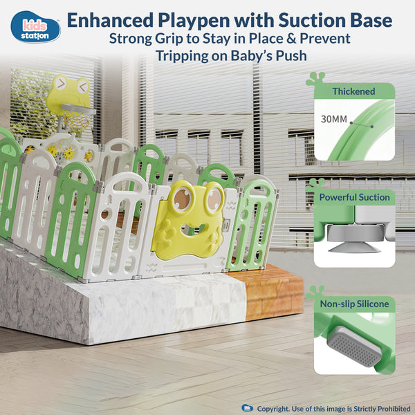 Kids Station Play Yard with Playmat, 20 Balls & Basketball Hoop (Frog Series)