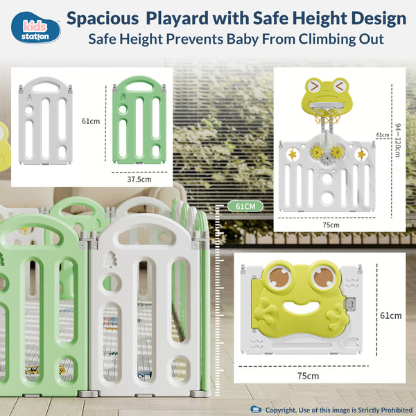 Kids Station Play Yard with Playmat, 20 Balls & Basketball Hoop (Frog Series)