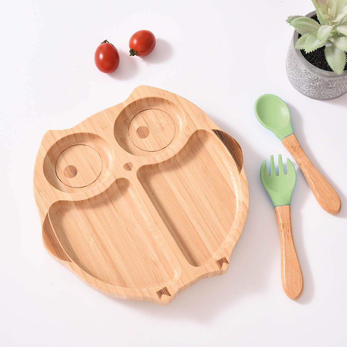 Kids Station Owl Wooden Plate with Spoon & Fork