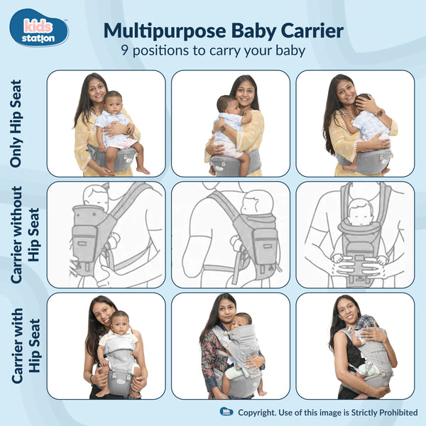 Kids Station All-in-One Baby Carrier with Hip Seat – 9 Carrying Positions, 100% Cotton, Ventilation Window