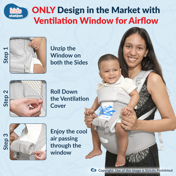 Kids Station All-in-One Baby Carrier with Hip Seat – 9 Carrying Positions, 100% Cotton, Ventilation Window