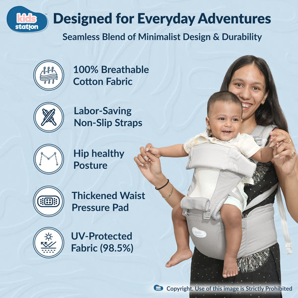 Kids Station All-in-One Baby Carrier with Hip Seat – 9 Carrying Positions, 100% Cotton, Ventilation Window