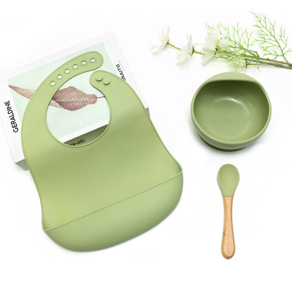 Kids Station™ Green 3pcs Bib, Bowl and Spoon Baby Silicone Feeding Set