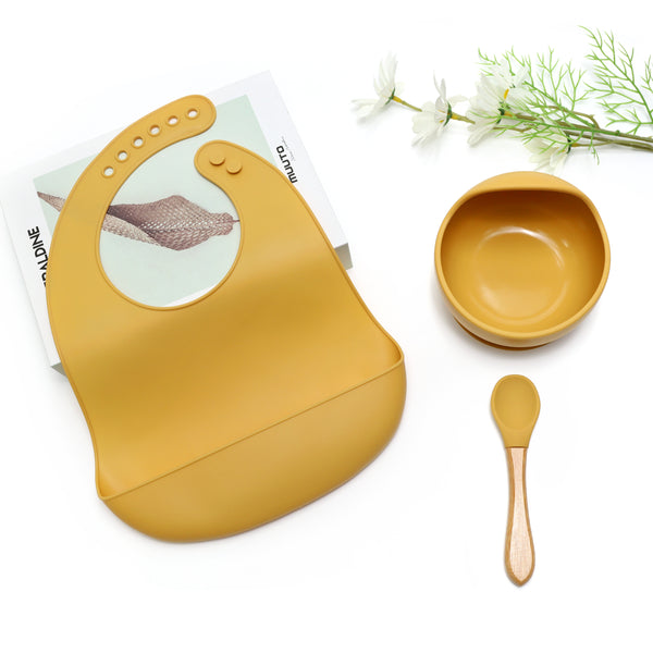 Kids Station™ Yellow 3pcs Bib, Bowl and Spoon Baby Silicone Feeding Set