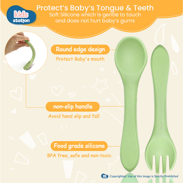 Kids Station™ Green 2pcs Spoon and Fork Baby Silicone Feeding Set