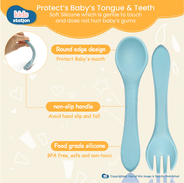 Kids Station™ Blue 2pcs Spoon and Fork Baby Silicone Feeding Set