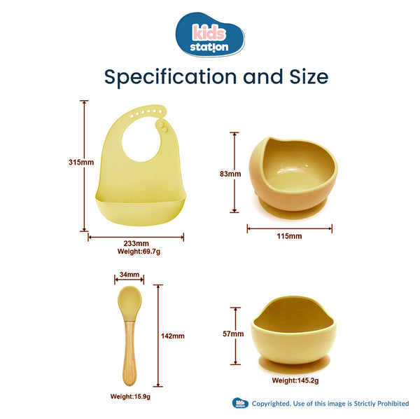 Kids Station™ Yellow 3pcs Bib, Bowl and Spoon Baby Silicone Feeding Set