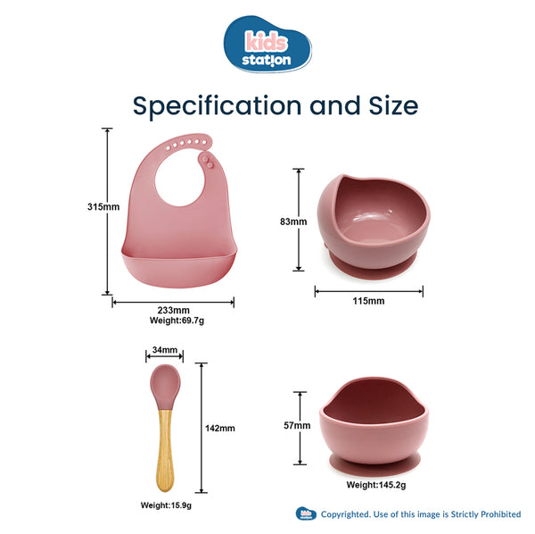 Kids Station™ Pink 3pcs Bib, Bowl and Spoon Baby Silicone Feeding Set