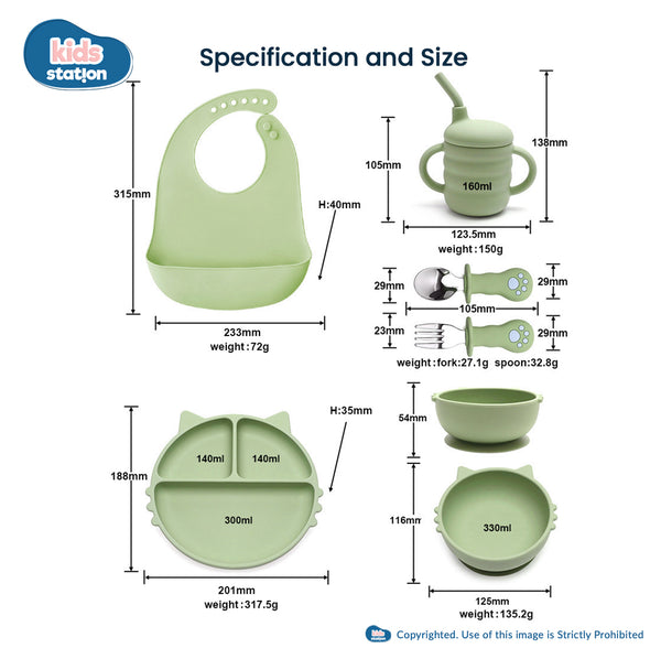 Kids Station™ Green 6 pcs Baby Essential Silicone Feeding Set