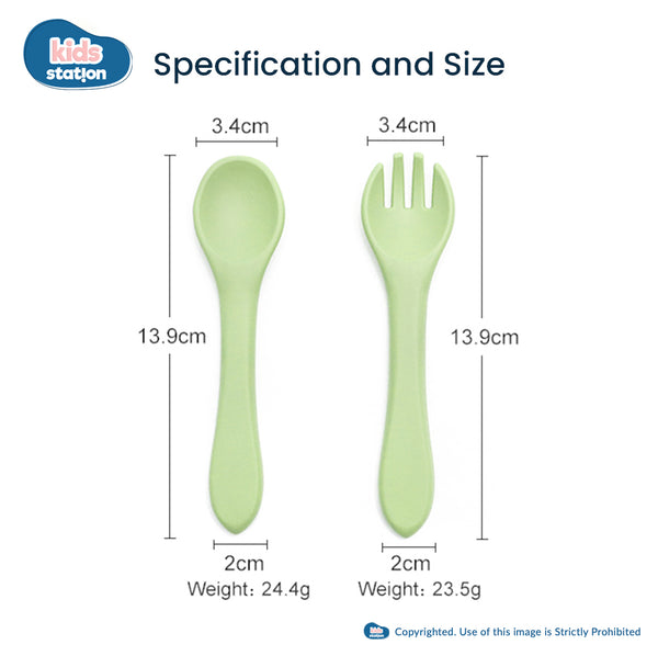 Kids Station™ Green 2pcs Spoon and Fork Baby Silicone Feeding Set