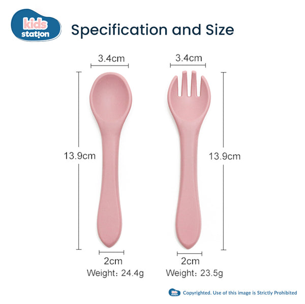 Kids Station™ Pink 2pcs Spoon and Fork Baby Silicone Feeding Set