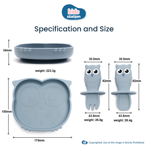 Kids Station™ Blue Owl Shape Baby Silicone Feeding Set