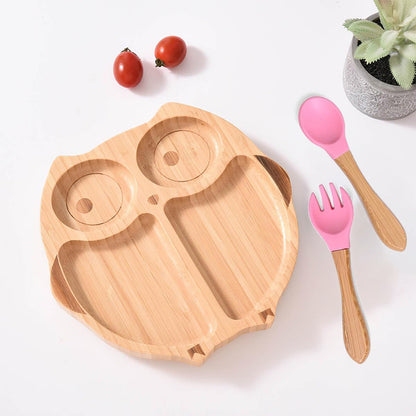 Kids Station Owl Wooden Plate with Spoon & Fork