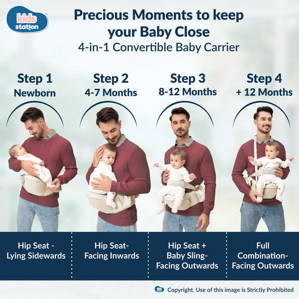 Kids Station Ergonomic Happy Strap Baby Carrier – 4 Carry Positions, Soft Cotton, Adjustable for Indian Weather